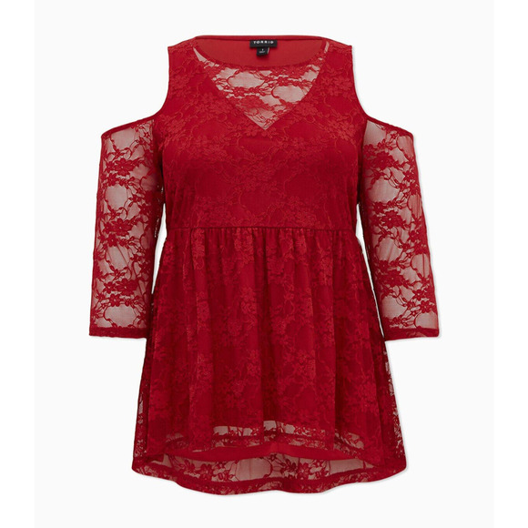 Torrid Babydoll Stretch Lace Cold Shoulder Top Biking Red Plus Size 4 4X - Picture 12 of 15